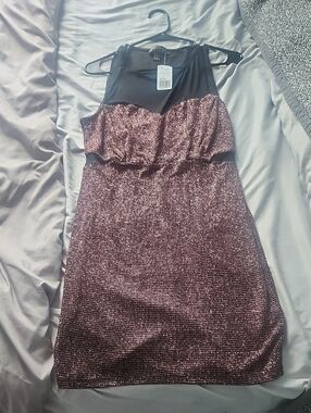 Metallic Rose Sheath Dress with Mesh Yoke